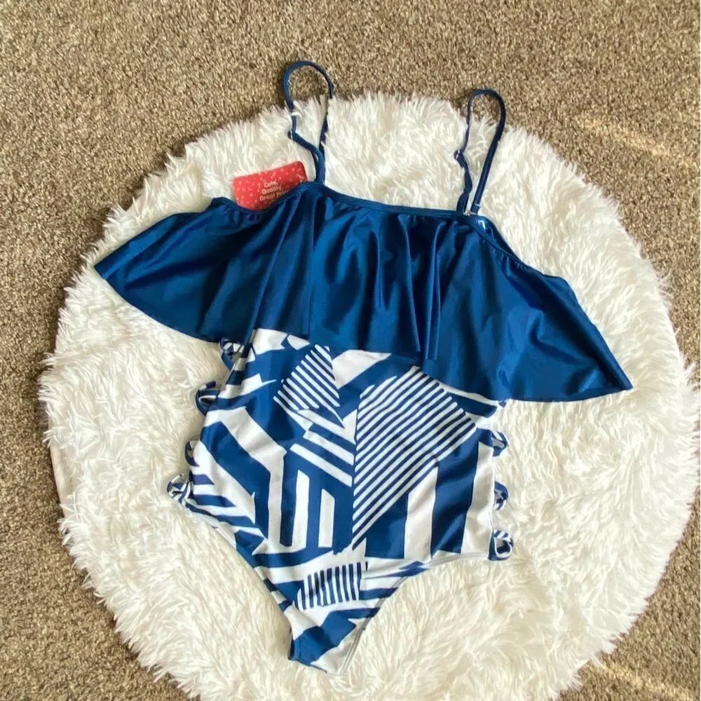 Patpat One Piece Swimsuit Blue‎ White Striped Ruffle Top Open Sides Womens Large
